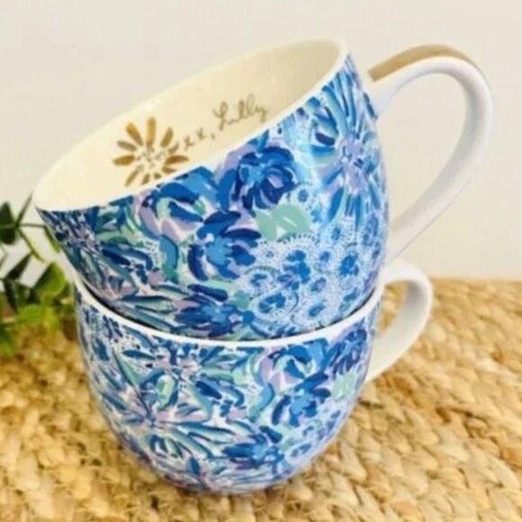 Lilly Pulitzer Love Lion XX Blue, Purple & White Floral Ceramic Cups - Set of 2 - Picture 1 of 7